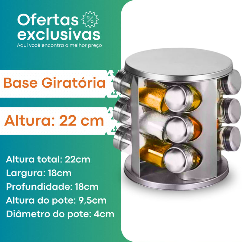 Porta Tempero Giratório Inox 12 Potes Com Suporte Giratorio