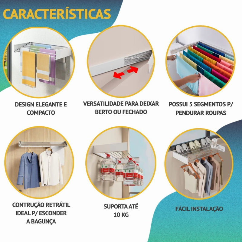 Varal de Parede Retrátil Invisível Dobrável para Roupas Apartamento Prático